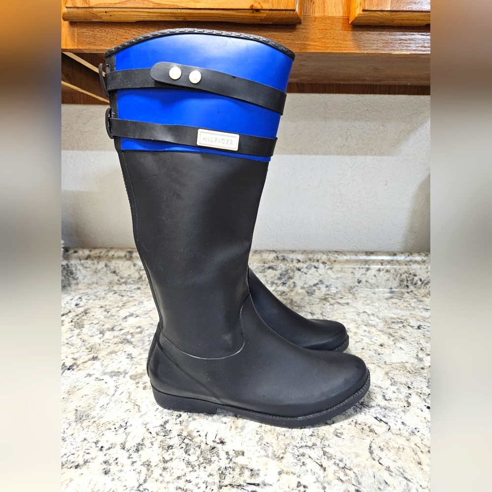 Rain Boots Wellies Tall Shaft Black with Blue Trim Tommy Hilfiger
